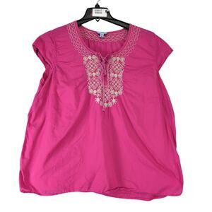 Izod Pink Embroidered Peasant Blouse Women's Plus Size 2X Tassel Tie Cap Sleeve